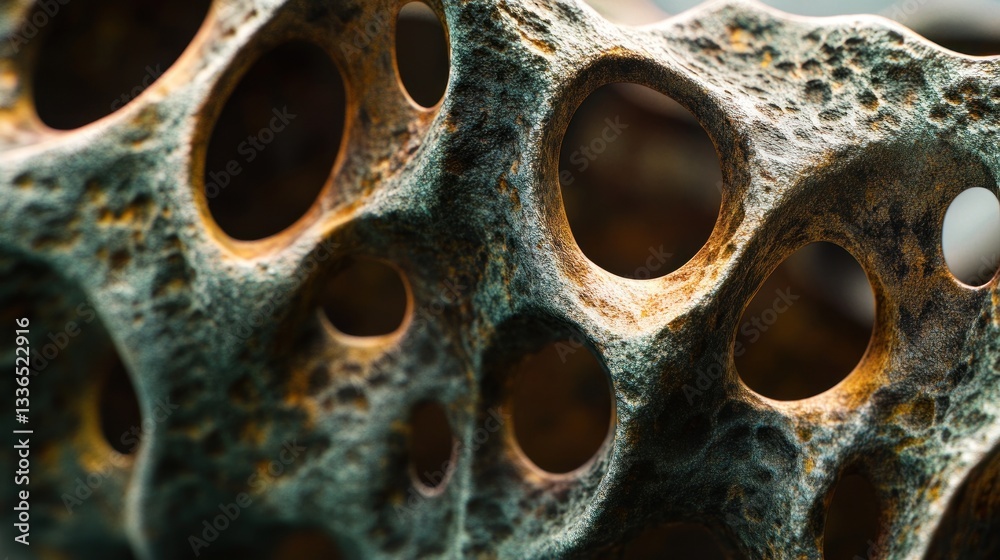 Poster Close-up of a porous, textured surface with irregular holes and a mix of dark teal and rusty orange tones.