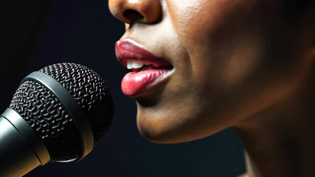 A close-up of a black woman singing into a microphone, wearing shiny red lipstick.
Concept of soulful expression.