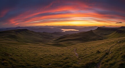 Naklejka premium A beautiful sunset over a grassy hillside