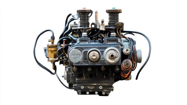Close-up of a powerful, intricate two-stroke outboard boat motor engine isolated on white background.