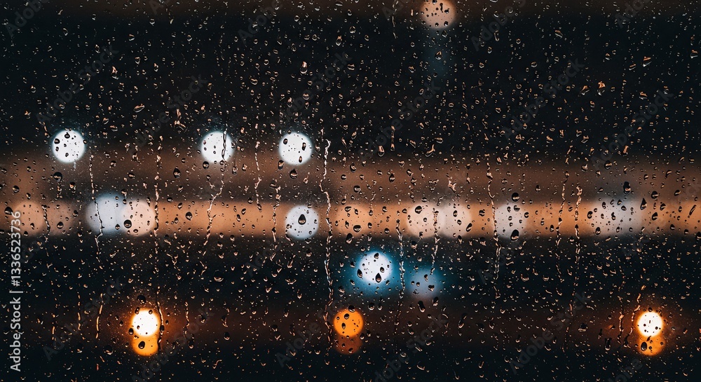 Poster a blurry image of raindrops on a window with a street light in the background