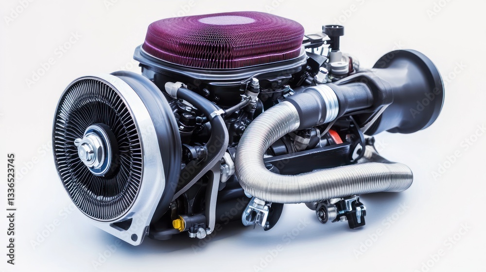 Poster close-up of a powerful, meticulously detailed car engine, showcasing its intricate components and de