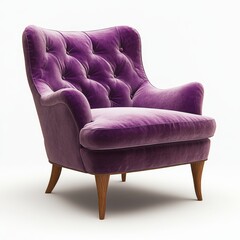 Elegant, plush,  purple velvet armchair with sculpted, wooden legs