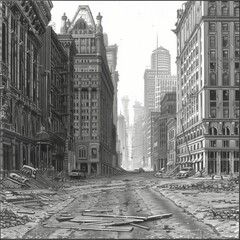 An empty city street showcases a post-apocalyptic view with debris scattered across the road, vacant buildings lining the pathway, and a desolate skyline in the background