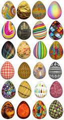 a collection of easter eggs with different textures on a white background