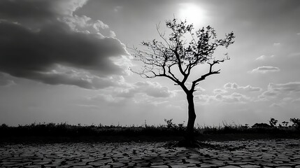 Obraz premium Lonely tree on cracked earth under a dramatic sky