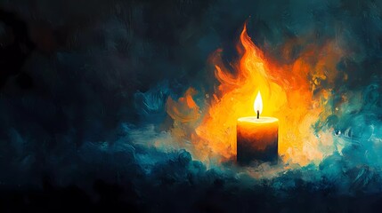 Fototapeta premium A glowing wax candle with a soft flickering flame creates a cozy ambiance, radiating warmth and tranquility in a vintage book illustration style.