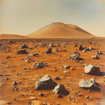 Exploring the barren landscape of Mars revealing the Martian surface of the red planet with rocky formations and distant hills
