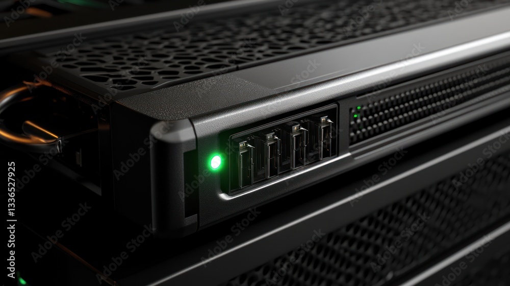 Poster close-up of a server's power connectors and ventilation system, showcasing its technological design.