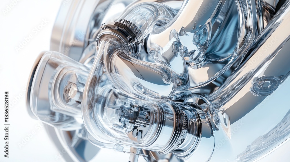 Aufkleber close-up of a shiny, transparent engine with intricate details and chrome-like finish.