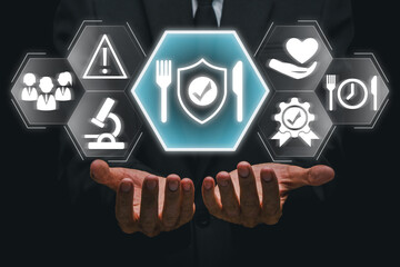 Visual representation of food safety with icons highlighting hygiene, quality control, and safe eating practices.