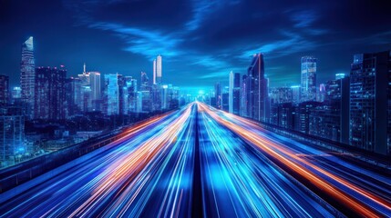 Fototapeta premium City Expressway at Night; Blurred Motion; Futuristic Skyline; Stock Photo