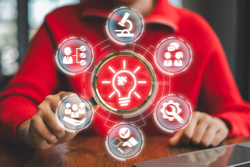 Digital illustration of problem-solving with icons representing creativity, teamwork, and strategic...