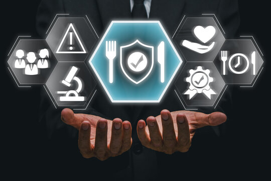 Visual representation of food safety with icons highlighting hygiene, quality control, and safe eating practices.