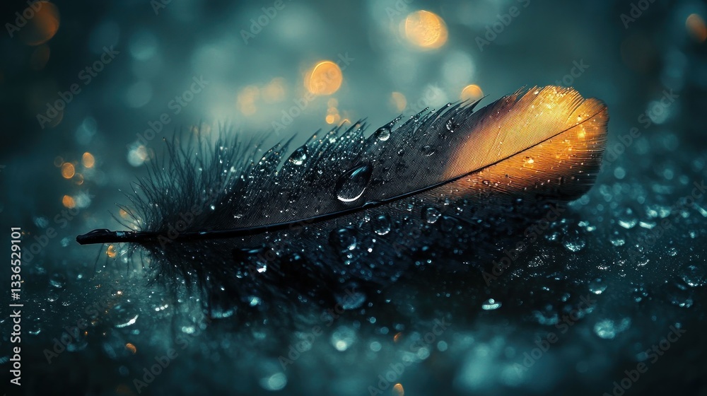 Aufkleber close-up of a single dark feather with water droplets, illuminated from behind, on a dark, blurred b