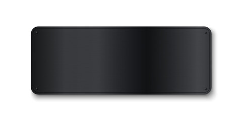 Realistic metal brushed black plate with rivets. Metallic texture plate with screws and shadow. Steel signboard. Stainless panel chrome tag. Rectangular horizontal sheet. Vector illustration