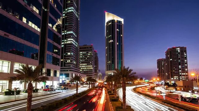 Fast-Paced Vertical Timelapse of a Busy Street in Kuwait with Flowing Traffic and Lights.
