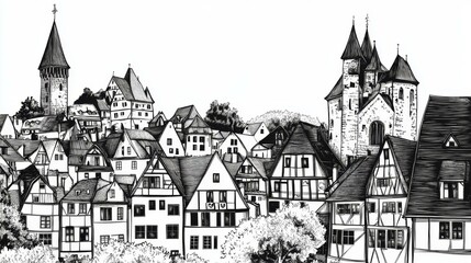 Obraz premium Medieval Townscape with Towering Church and Quaint Timber Framed Houses Architectural Marvel