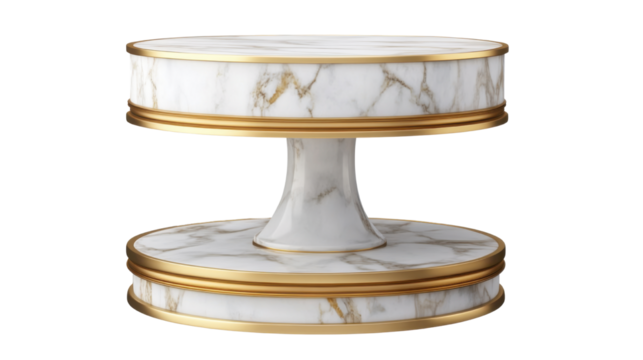 a double tier marble pedestal with gold trim isolated on white background