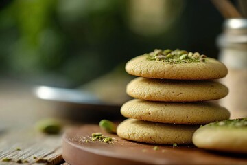 Delicious green tea flavored cookies stacked on a wooden plate surrounded by natural elements