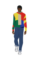 Stylish black man wearing modern Street fashion outfit walking. Handsome african american guy vector realistic illustration isolated on white background.