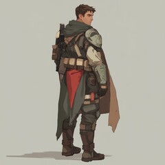 Obraz premium Sci Fi Warrior with Gun on Back Facing Away Wearing a Cape and Armor Amidst Grey Background
