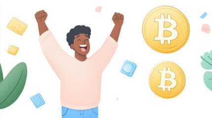 BTCUSD Forex, Cheerful person celebrating cryptocurrency success with Bitcoin symbols.