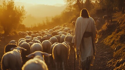 A cinematic shot of Jesus, the shepherd, in ancient times, leading his flock of sheep and goats