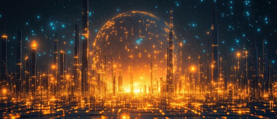 Naklejka premium Futuristic city with glowing lights and a digital sphere