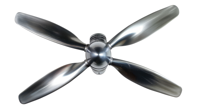Four-blade airplane propeller rotating on transparent background