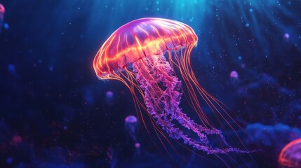 Luminous jellyfish gracefully drift through the tranquil deep blue ocean waters