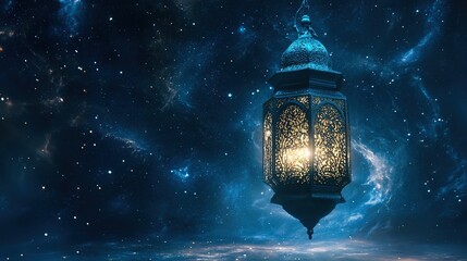 Fototapeta premium A lantern floating in space, surrounded by stars and nebulae, the background is a dark blue with light effects emanating from behind the lamp. 
