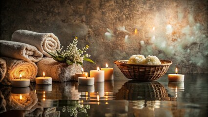 Fototapeta premium Serene Spa Setting with Rolled Towels, Candles, and Aromatic Salts in a Basket