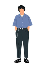 Stylish young man wearing modern Summer Street fashion outfit standing. Handsome asian guy vector realistic illustration isolated on white background.