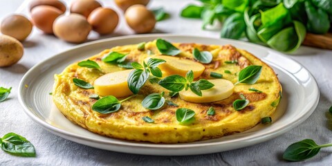 A savory potato and egg omelet garnished with fresh basil and sliced potatoes served on a plate