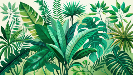 Watercolor background of tropical green plants. Vintage green. Botanical hand drawn illustration. Highly detailed plant template. Palm leaves. Exotic.