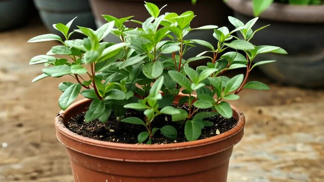 Growing healthy green plant in a terracotta pot inside a domestic garden during daylight hours