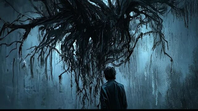 Mysterious figure stands before a towering, dark root system in an eerie atmosphere of a forsaken place at night