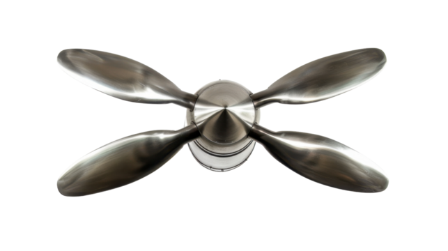 Modern ceiling fan with four blades rotating on transparent background