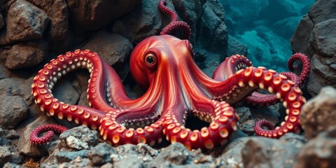 Obraz premium A vibrant red octopus, showcasing intricate details of its suckers and skin texture, rests amidst dark, rough rocks in a deep ocean setting.