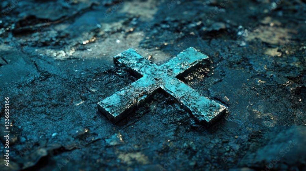 Poster close-up of a weathered, metallic cross embedded in dark, textured earth.