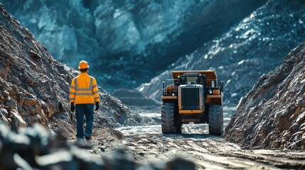 Mining industry scene showcases worker guiding a large autonomous mining vehicle