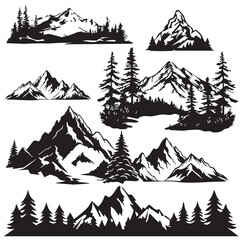 A collection of detailed mountain silhouette illustrations with pine trees. Perfect for outdoor-themed designs, stickers, logos, posters, and nature-inspired artwork.