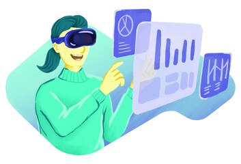 Woman processing data in virtual world illustration