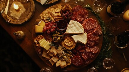 A top-down view of a cheese and charcuterie board with wine glasses