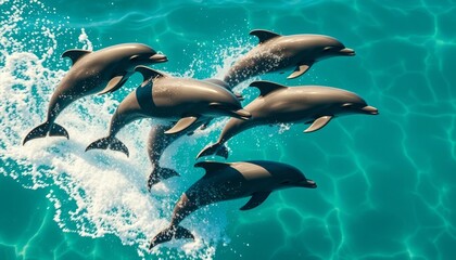 Oceanic Ballet A pod of dolphins gracefully leaps and dives, creating a mesmerizing spectacle of aquatic acrobatics and vibrant underwater energy.