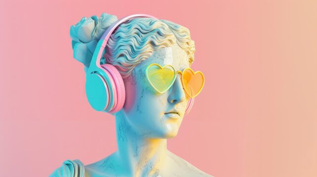 Classical Ancient Greek sculpture with heart-shaped sunglasses and headphones illuminated by vibrant lighting