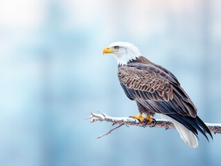 Obraz premium Majestic bald eagle perched on a snowy branch against a soft blurred background