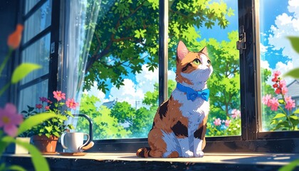 A small, adorable calico cat wearing a tiny, colorful bow tie, sitting on a windowsill with a cup of tea next to it. The cat is looking out the window, with a gentle smile on its face.