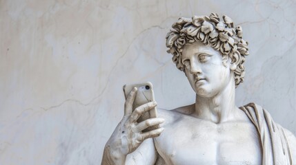Classical greek or roman marble male statue taking selfie with smartphone against light textured background